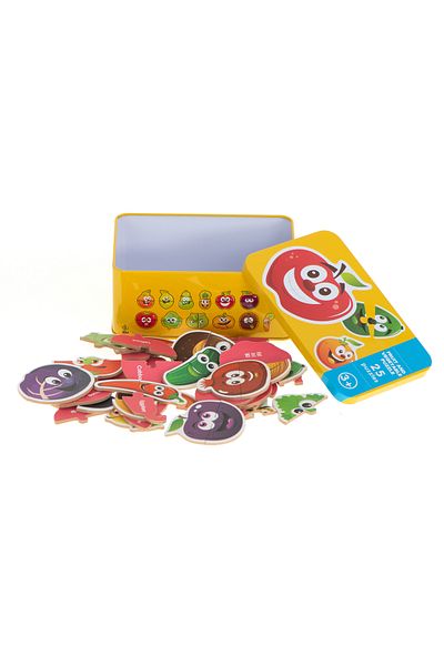 zola Set of 25 educational puzzles, different designs, with fruits, metal storage box