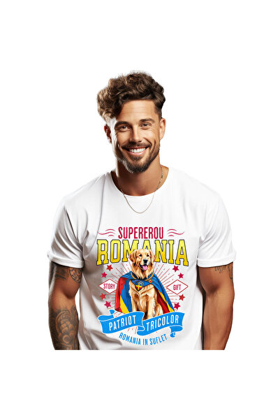 StoryGift Romania Men's T-Shirt with Golden Retriever Dog in Captain Romania Costume with Cape,White_XL