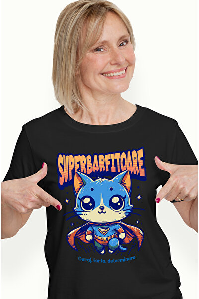 StoryGift Romania Tricou Femei Super Barfitoare, SuperErou, Pisica Zburand, cu imprimeu pe Fata, BLK_XL