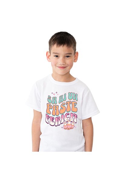 StoryGift Romania Tricou Copii cu Oua Colorate Cu Iepuri Albi, design Multicolor, Paste, Sarbatori,White_6ANI