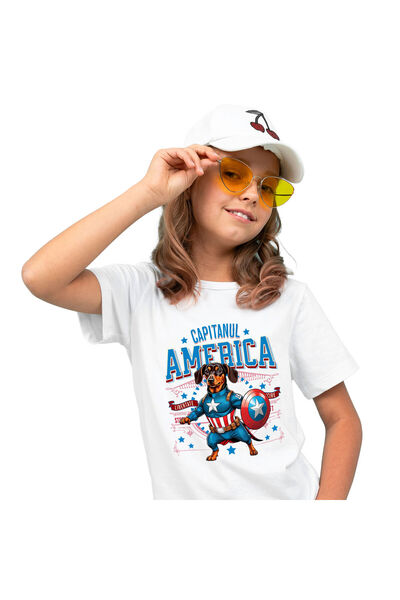 StoryGift Romania Children's T-shirt with Dachshund Dog in Captain America Costume with Cape, White_8 YEARS