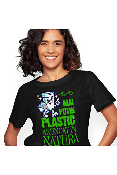 StoryGift Romania Tricou Femei cu Pahar De Plastic Cu Planeta Pamant Vesel Poluare, Plastic, Urban,Black_L