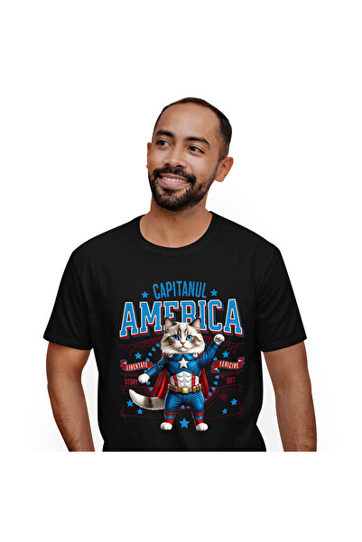 StoryGift Romania Tricou Barbati cu Ragdoll Pisica In Costum de Capitan Ameri...