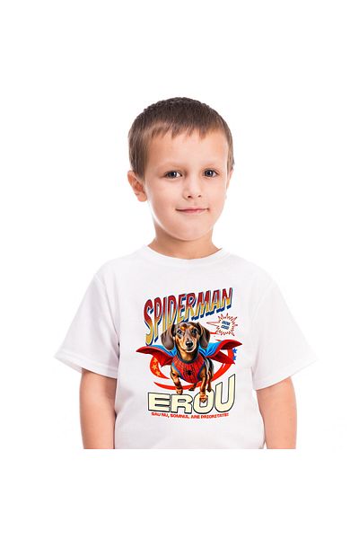 StoryGift Romania Tricou Copii cu Teckel / Dachshund Caine In Costum de SpiderMan cu Pelerina, Ero,White_8ANI