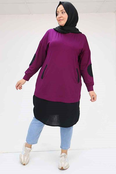 Eslina 58060 Large Size Solid Color Garnished Combed Cotton Tunic - Plum-Black