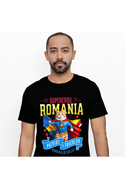 StoryGift Romania Men's T-shirt with Birman / Birman Cat in Captain Romania Costume with Cape,Black_M