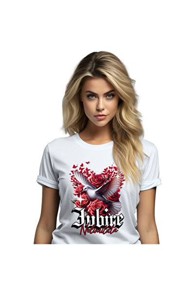 StoryGift Romania Tricou Femei cu porumbel Alb Trandafiri Rosii, Iubire, Vale...