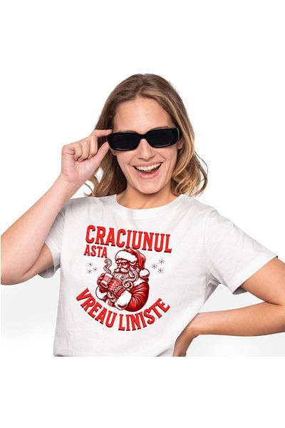 StoryGift Romania Tricou Femei cu Mos craciun Cu Cana Fierbinte,Liniste, Relaxare, Copii cu imprim,White_M