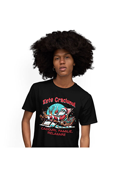 StoryGift Romania Tricou Barbati cu Mos Craciun Vesel pe Sezlong Cu Ciocolata...