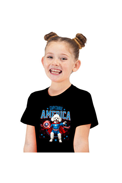 StoryGift Romania Kids T-Shirt with Poodle / Poodle Cat in Captain America Costume with Cape, ,Black_10ANI