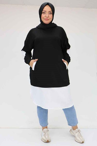 Eslina 58060 Large Size Solid Color Garnished Combed Cotton Tunic - Black-White