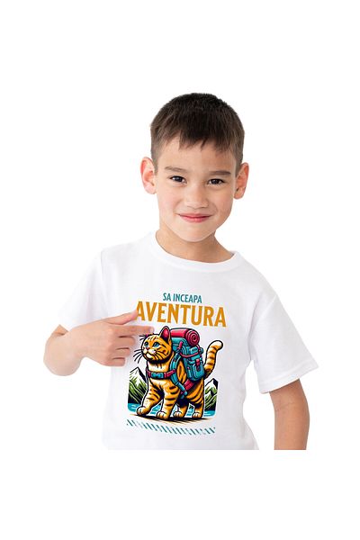 StoryGift Romania Kids T-Shirt with Orange Cat with Backpack Ready for Adventure in the Mountains, Natu, White_8ANI
