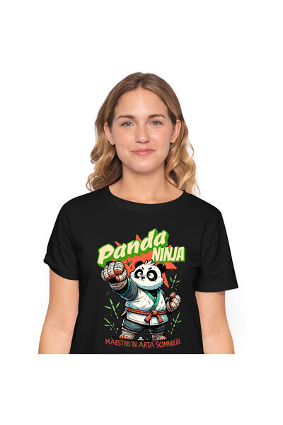StoryGift Romania Tricou Femei cu Urs Panda Pufos Costum Karate Bambus Ninja Maestru Desene animat,Black_XL