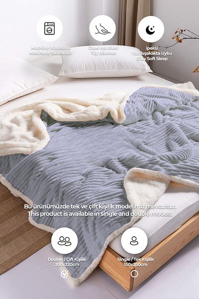 Evlen Home Collection بطانية شيربا رمادية - مفرش سرير مزدوج ناعم ومخطط من القطيفة ويلسوفت