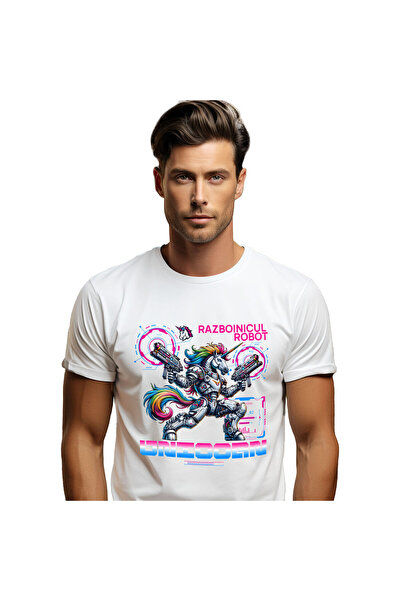 StoryGift Romania Tricou Barbati cu Robot Unicorn Cu arme, Coama multicolor C...