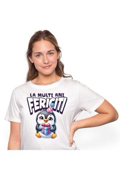 StoryGift Romania Tricou Femei cu Pinguin Vesel Cu Coif Roz Aniversar Si Cado...