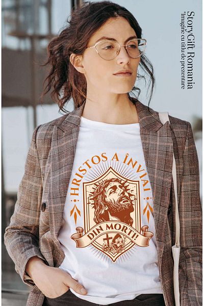 StoryGift Romania Tricou Femei cu Chip Iisus Hristos Cu Barba Si Par Lung , Paste Sarbatori Pascal,White_M
