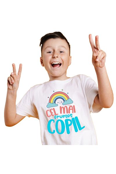 StoryGift Romania Tricou Copii cu Curcubeu Colorat Vesel, Nori Si Stele, Copii, Familie, Desene An,White_4ANI