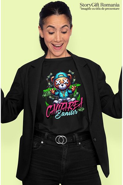 StoryGift Romania Tricou Femei cu Urs De Plus Stil Gangster Sapca Si Hanorac Colier Masiv Aur, Ban,Black_M
