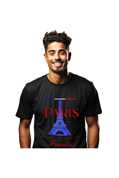 StoryGift Romania Tricou Barbati cu Atractie Turistica Turnul Eiffel Franta Paris, Iubitorii De Ca,Black_L