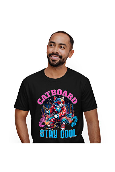 StoryGift Romania Tricou Barbati cu Pisica Cu Tinuta asiatica Skateboard Noap...