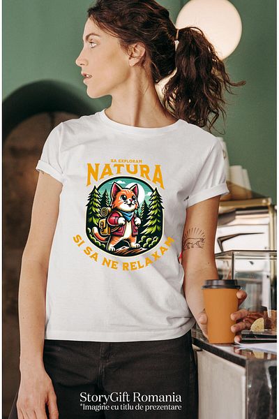 StoryGift Romania Women's T-Shirt with Orange Cat with Backpack Adventure Among the Mountains Forest, Year,White_L