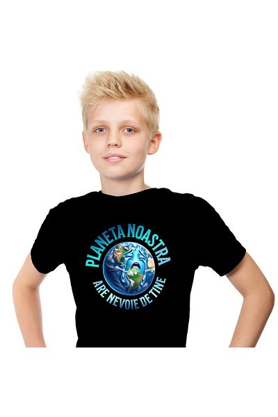 StoryGift Romania Tricou Copii cu Planeta Pamant Plangand Poluare Urbanizare cu imprimeu pe Fata, ,Black_12ANI