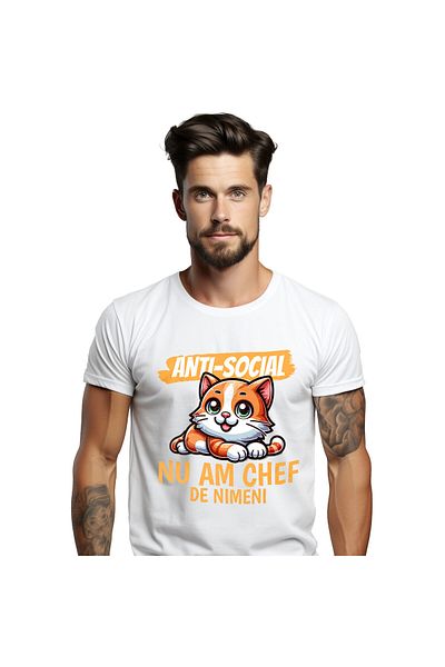 StoryGift Romania Men's T-Shirt with Cheerful Orange Cat Green Eyes Fluffy Animals, Cats, White_M