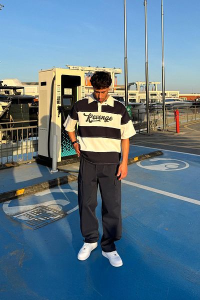 Flaw Wear Revenge Printed Navy Blue Polo Neck T-Shirt