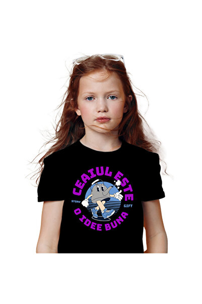 StoryGift Romania Tricou Copii cu Ceainic Vesel Mergand Cu Adidasi Albastri, Ceai, Apa Aromata, Su,Black_6ANI