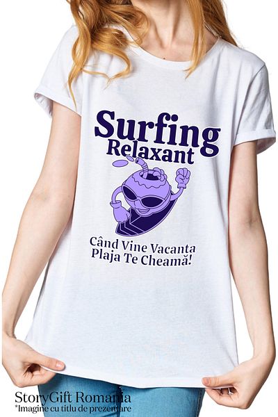 StoryGift Romania Tricou Femei Surfing relaxant cu bauturi proaspete surff cu imprimeu pe Fata, 10 WHT_S