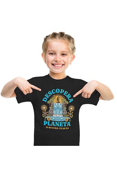 StoryGift Romania Tricou Copii cu Cascada Natura Aventura calator Pe Stanca Poluare, Aer Verde cu ,Black_4ANI