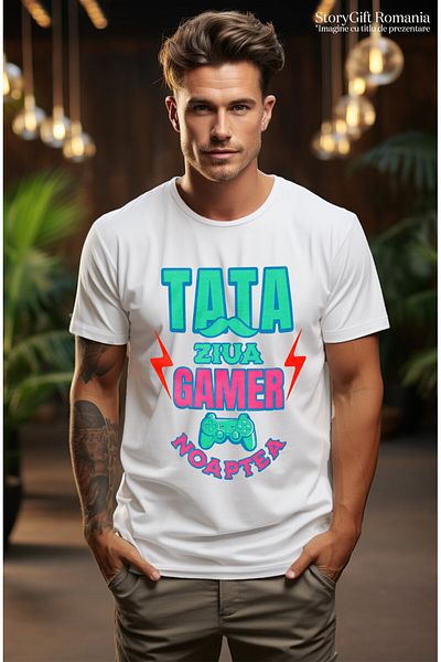 StoryGift Romania Men's T-Shirt with Gaming Controller Gamer Dad Virtual World Lovers, Man,White_S