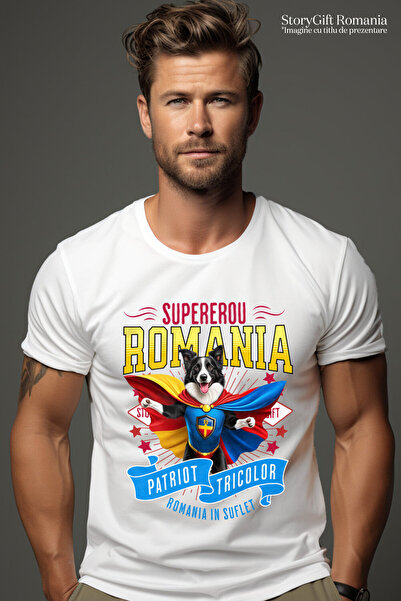 StoryGift Romania Men's T-Shirt with Border Collie Dog in Captain Romania Costume with Cape, ,White_XS