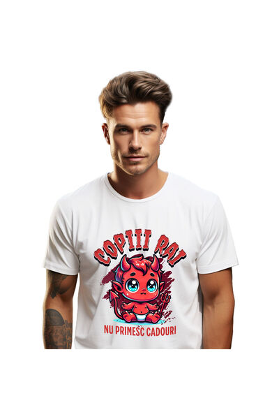 StoryGift Romania Men's T-shirt with Baby Red Devil With Fork And Horns, Kids, Hallowen, Candy, White_XL