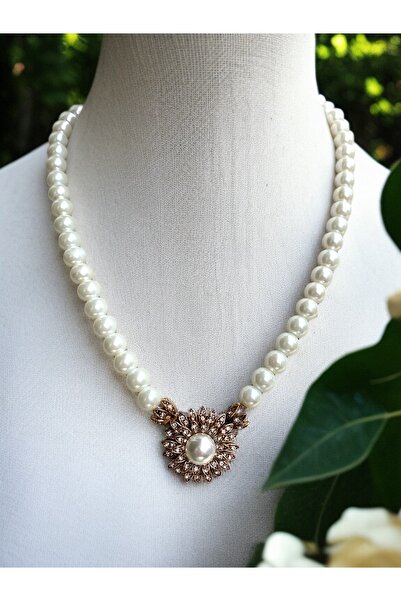 FAYRA ACCESSORIES Kristal Taşlı Çiçek Figür İnci Kolye