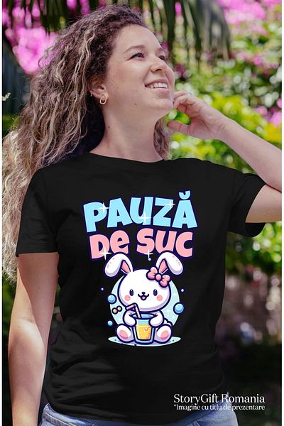 StoryGift Romania Women's T-shirt with Pink Rabbit with Bow and Glass of Natural Orange Juice, Bautu, Black_S