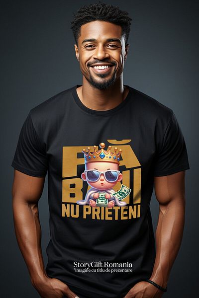 StoryGift Romania Tricou Barbati cu Bebelus cu Teanc Bancnote bani, coroana si haina de blana, Mil,Black_L