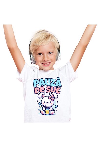 StoryGift Romania Children's T-shirt with Pink Rabbit with Bow and Glass of Natural Orange Juice, Drinking, White_8ANI
