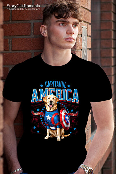 StoryGift Romania Men's T-Shirt with Labrador Retriever Dog in Captain America Costume with Cape, Black_S