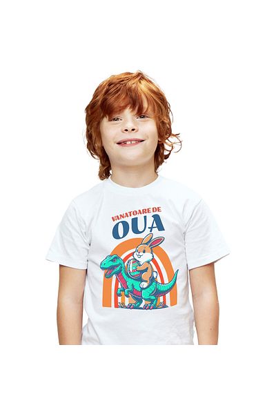 StoryGift Romania Tricou Copii cu Iepure Maro Cu ou Colorat Calarind Dinozaur T-rex Verde Paste cu,White_10ANI