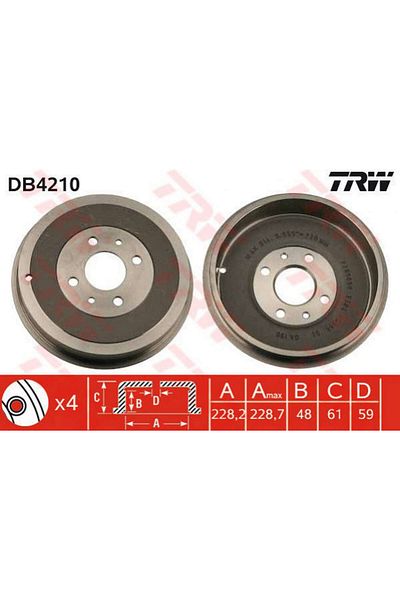 TRW Rear Brake Drum for Arka Doblo 2001 Elba 1993-1995-Fiorino 1988 Fiorino Pi̇ck up 1988-2001-Ide Gnzrz