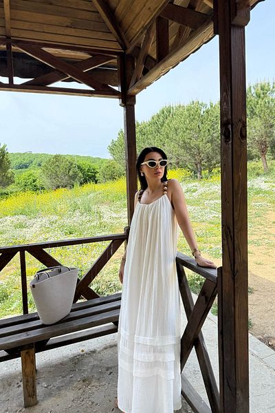 Seda Yalçın Atelier Comfortable Linen Dress with Bead Strap Detail