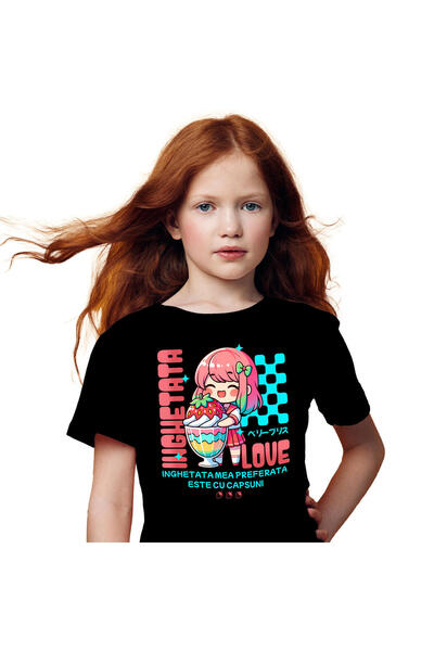 StoryGift Romania Tricou Copii cu Fata Stil Anime Cu Pahar imens De Milkshake Si Capsuna Inghetata,Black_8ANI