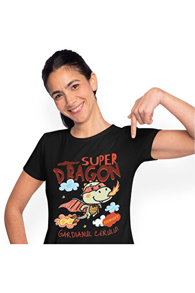 StoryGift Romania Tricou Femei cu Dragon Desenat Copii Cu Pelerina Si masca De Super Erou Flacari ,Black_L