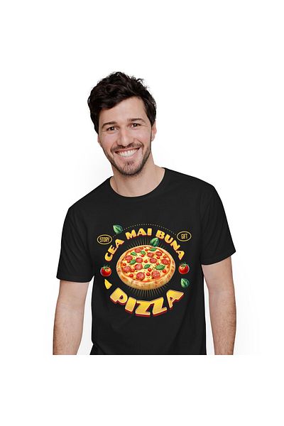 StoryGift Romania Tricou Barbati cu Pizza Imensa cu Peperoni Fast Food Mancare Pofticios cu imprim,Black_L
