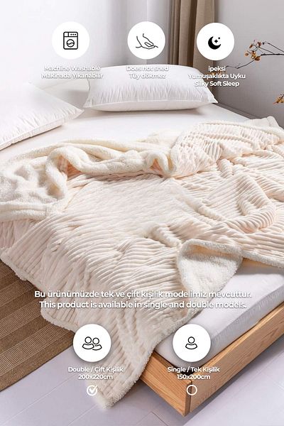Evlen Home Collection بطانية شيربا مزدوجة، مفرش سرير ناعم من القطيفة ويلسوفت باللون الكريمي