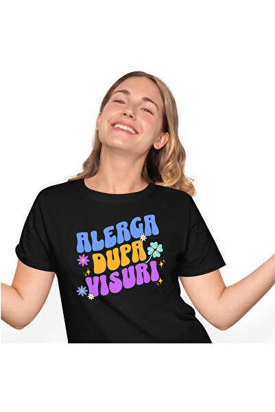 StoryGift Romania Tricou Femei cu Mesaj Colorat Flori Alearga Dupa Visuri, In...