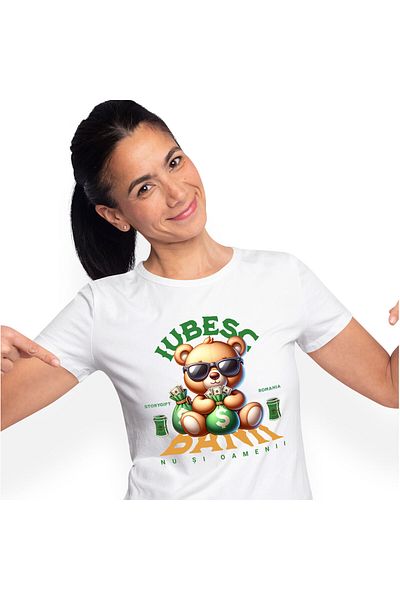 StoryGift Romania Tricou Femei cu Ursulet de Plus Maro Cu Ochelari De Soare, Sac Verde de bani, Ba,White_XL