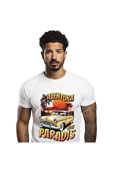 StoryGift Romania Tricou Barbati cu Masina Galbena Vintige Insula Tropicala A...